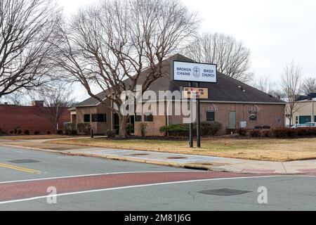 BURLINGTON, NC, USA-2. JANUAR 2023: Broken Chains Biker Church im Stadtzentrum. Stockfoto