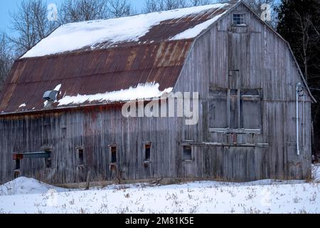 Eine alte Scheune im Winter mit Schnee auf dem verrosteten Blechdach Stockfoto