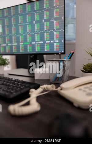 Überwachen Sie Workstations und leere Positionen mit Börsenstatistiken auf dem Bildschirm, und überwachen Sie Handelsbestände und Verkaufsraten in Echtzeit. Gewinn- und Kapitalrendite für Devisen in Diagrammen und Diagrammen. Stockfoto