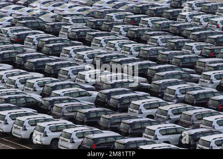 Über 600 Toyota Land Cruiser Prado und Lexus Limousinen wurden im Hafen von Zeebrugge gelagert und warten auf den Vertrieb in Europa. Stockfoto