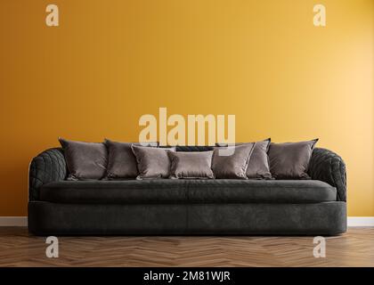 Orangefarbene Betonwand mit schwarzem Samtsofa und -Kissen, moderne Einrichtung, negativer Kopierraum darüber, 3D-Rendering, 3D-Illustration Stockfoto