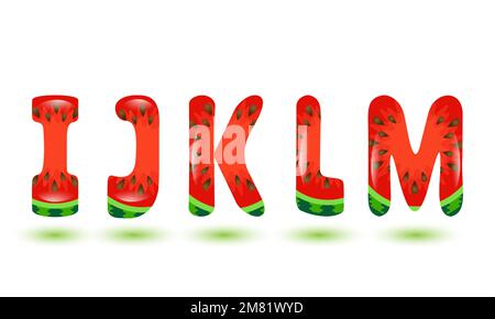 Die Buchstaben I, J, K, L, M sind aus Wassermelone. Cartoon-Fruchtalphabet. Design-Element für den Sommer. Vektordarstellung für Logo-Design. Stock Vektor