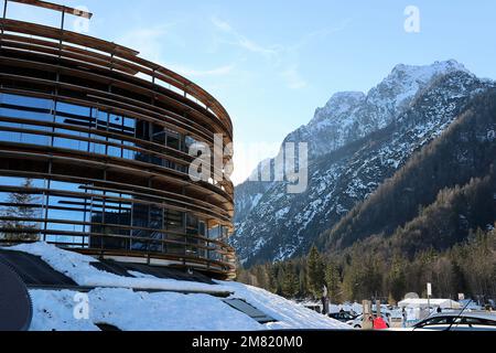 Planica Nordic Centre, Planica, in der Nähe von Kranjska Gora in den slowenischen Alpen, berühmt für Skispringen, einschließlich Austragung der Weltmeisterschaft Stockfoto