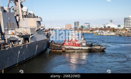 NORFOLK, Virginia (6. Januar 2023) Ein Schlepper unterstützt die Arleigh-Burke-Klasse-Guided-Missile Destroyer USS Laboon (DDG 58) bei der Durchführung eines Notandockens bei General Dynamics NASSCO-Norfolk für Reparaturen. Das MARMC leistet Bodenschiffinstandhaltung, -Management und -Aufsicht in Bezug auf die Instandhaltung des privaten Sektors sowie technische Flottenunterstützung für Schiffe im Mittelatlantikraum. (USA Navy Photo von Danielle Lofton/Released). Stockfoto