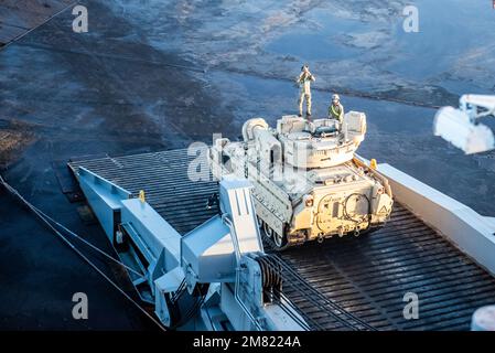 Soldaten der 16. Nachhaltigkeitsbrigade, die dem 260. Movement Control Team zugeteilt sind, unterstützen das 838. Transportation Battalion Surface Deployment and Distribution Command (SDDC) beim Transport, der Entladung, Und Verarbeitung von über 1.250 Ausrüstungsgegenständen, die dem 2. Panzerbrigade-Kampfteam, 1. Infanteriedivision, am 11. Januar 2023 im Hafen von Vlissingen, Niederlande, zugewiesen wurden. Die 2/1 CD aus Fort Hood, Texas, wird in ganz Europa zur Unterstützung von Atlantic Resolve eingesetzt und umfasst M-1 Abrams Panzer und Bradley Infanterie Kampffahrzeuge. USA Army Photo von Staff Sergeant Daniel Yeadon Stockfoto