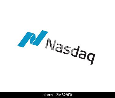 NASDAQ, gedrehtes Logo, weißer Hintergrund B Stockfoto