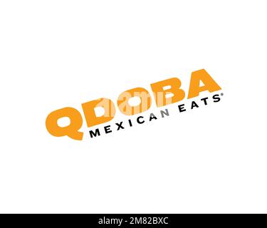 Qdoba, gedrehtes Logo, weißer Hintergrund Stockfoto