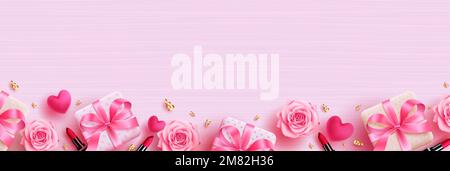 Vektor-Hintergrunddesign für Damen. Begrüßung zum Muttertag und Einladungskarte mit Geschenken, Blumen und Herzdekorationen in Pink Stock Vektor