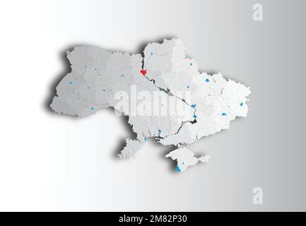 Karte der Ukraine mit Flüssen und Seen. Die Karte zeigt Oblasten und kleine Karten ihrer Zentren (in Blau). Sie können alle diese Karten verwenden (Karte der Ukraine, Karten Stock Vektor
