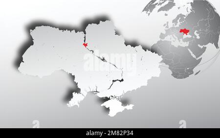 Karte der Ukraine mit Flüssen und Seen und Erdkugel mit Ukraine in Rot. Handgemacht. Bitte sehen Sie sich meine anderen Bilder von Kartografieserien an - das sind sie Stock Vektor