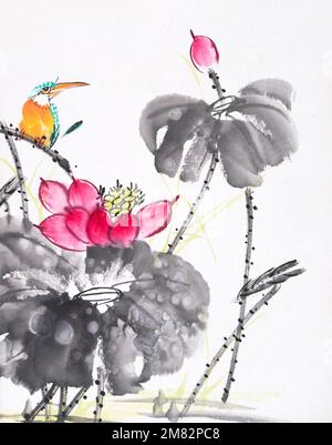 kingfisher und Lotus Blume Aquarell Gemälde Stockfoto