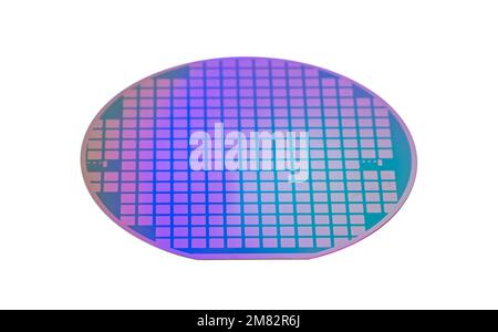 Halbleiter-Wafer-Scheibe aus weiß isoliertem Silizium Stockfoto