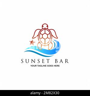 Einfaches und einzigartiges Meer oder Wellen mit lustigen Schildkröten-Linien und Muschelstern-Symbol Logo abstraktes Konzept Vektortier oder Strand Stock Vektor