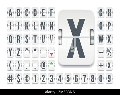 Schmale weiße Flipboard-Schrift mit Zahlen zur Anzeige der Wechselkurse der Aktien. Alphabetisches Anzeigetableau des Flughafenterminals zur Anzeige der Finanzinformationen und der Vektordarstellung des Zeitplans Stock Vektor