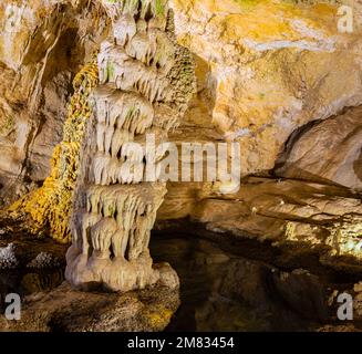 Große Säule mit Reflexionen in einem Höhlenpool, Carlsbad Caverns National Park, New Mexico, USA Stockfoto