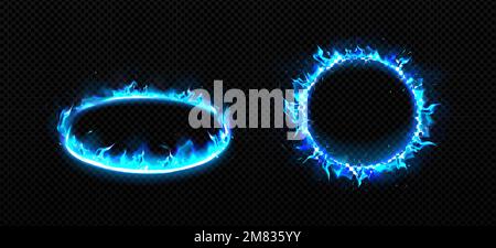 Runde Rahmen mit Feuer. Brennringe mit Flamme, Leuchteffekt und Funkeln. Blaue feurige Plattformen in Perspektive, Vorderansicht isoliert auf transparentem Hintergrund, Vektor realistisch eingestellt Stock Vektor