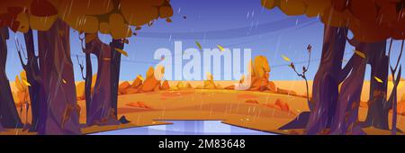 Regen im Herbstwald, wilde Naturlandschaft. Herbstliche Karikatur mit Pfütze, Feldern, gelbem Gras unter Orangenbäumen mit herabfallenden Blättern und Wasserdusche, die vom Himmel fallen Vector-Illustration Stock Vektor