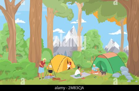Freunde campen in einem Waldcartoon-Vektorbild Stock Vektor