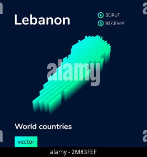3D Libanon Karte. Stilisierte Neon einfache digitale isometrische gestreifte Vektor Karte des Libanon ist in Grün, Türkis und Mintfarben auf dem dunkelblauen Hintergrund Stock Vektor