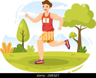 Illustration des Marathon-Rennens mit Menschen, die im Sportturnier laufen, joggen und die Ziellinie in Flat Cartoon Hand Drawn Template erreichen Stock Vektor