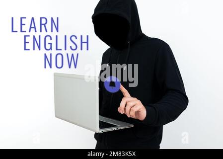 Handschriftlicher Text Jetzt Englisch lernen. Wort für Gewinn oder Erwerb von Kenntnissen und Fähigkeiten in der englischen Sprache Stockfoto