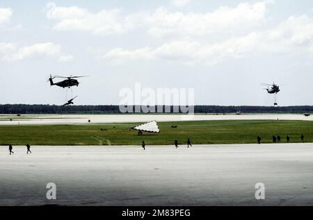 Ein Seehengst CH-53 rechts und ein Helikopter CH-53E Super Hallion demonstrieren ihre Fähigkeit, Artillerie während einer Flugshow zu tragen. Basis: MCAS, Cherry Point Staat: North Carolina (NC) Land: Vereinigte Staaten von Amerika (USA) Stockfoto