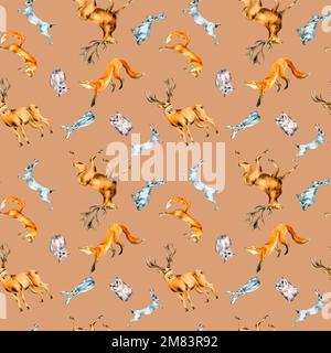 Wilde Tiere, Hasen, Füchse, Eulen, Hirsche, nahtloses, beigefarbenes Muster. Winterliches Waldmotiv, handgezeichnet. Design für Textil, Winter Stockfoto