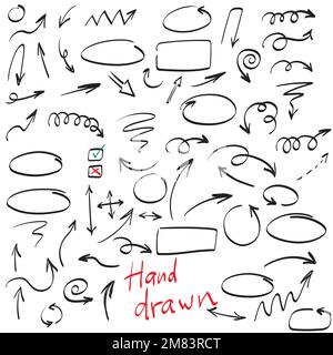 Pfeile Kreise und Doodle-Illustrationsvektor von Hand auf weißem Hintergrund gezeichnet. Stock Vektor