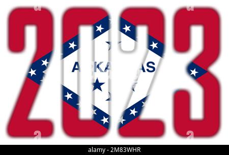 2023, isoliert auf weiß - mit der Flagge des US-Bundesstaates Arkansas Stockfoto