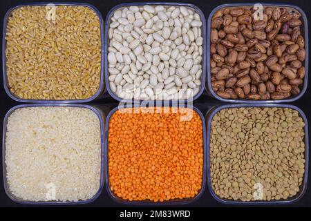 Verschiedene Hülsenfrüchte und Körner. Bohnen, Kidnierenbohnen, grüne Linsen, rote Linsen, Reis und Weizen. Stockfoto