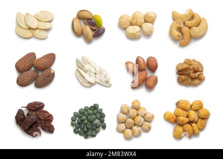 Verschiedene NUTS-Sets auf isoliertem weißem Hintergrund Stockfoto