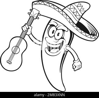 Süße mexikanische Chilischote von Cinco de Mayo, die Gitarre spielt, einfarbige Vektorbilder für Ihr Arbeitslogo, Merchandise-T-Shirt, Aufkleber und Etikett Stock Vektor