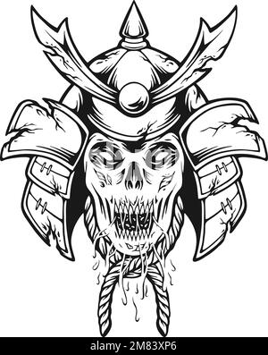 Gruseliger Ronin-Schädel-Krieger-Helm Schwarzweiß-Vektorabbildungen für Ihr Arbeitslogo, Merchandise-T-Shirt, Aufkleber und Etikettendesigns, Poster Stock Vektor