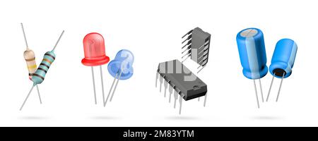 Abbildung der elektronischen 3D-Komponenten auf isoliertem weißem Hintergrund. Widerstand, LED, integrierter Schaltkreis und Kondensator. Stockfoto