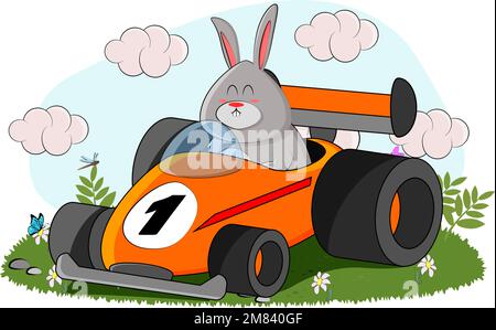 Ein süßer Hase kaufte sich einen orangefarbenen Sportwagen und kam in seinen Wald Stock Vektor
