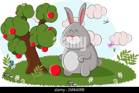 Ein süßes Häschen fand einen großen Apfelbaum und bewundert ihn im Wald Stock Vektor
