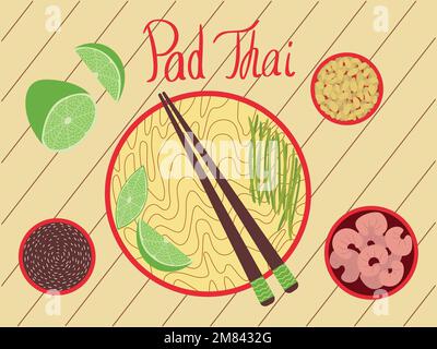 Vector Pad Thai-Nudeln im flachen Stil Stock Vektor