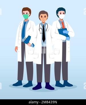 Medizinisches Team. Männliche Arzte mit weißem Kittel. Zeichentrickfiguren. Vector . Stock Vektor