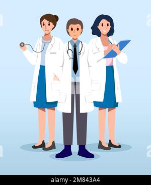 Medizinisches Team. Männliche und weibliche Arzte mit weißem Kittel. Zeichentrickfiguren. Vector . Stock Vektor