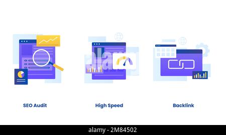 zeichnungssatz für Suchmaschinenoptimierungskonzept Vektor. Abbildungen für Websites, Landing-Pages, mobile Anwendungen, Poster und Banner. Stock Vektor