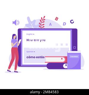 Entwurf eines Konzepts zur Illustration mobiler Übersetzer. Abbildung für Websites, Landing-Pages, mobile Anwendungen, Poster und Banner Stock Vektor