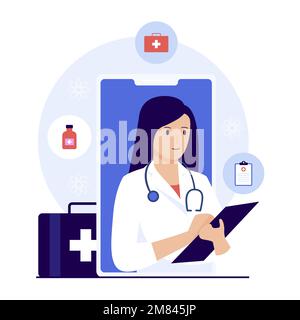Flaches Design des Online-Arztkonzepts. Abbildung für Websites, Landing-Pages, mobile Anwendungen, Poster und Banner. Trendige Flachvektordarstellung Stock Vektor