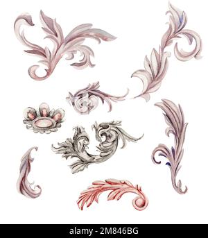 Aquarell-Darstellung eines alten romantischen barocken Ornamentsets. Handgezeichnet in Aquarell auf weißem Hintergrund. Perfekt für Hochzeitseinladungen, Stockfoto