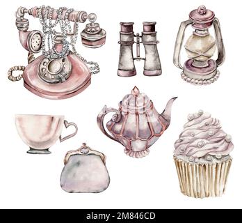 Aquarell-Darstellung einer alten pinkfarbenen Außenlampe mit Perle, Telefon, Cupcake, Tasse, Teekanne, Tasse, Geldbörse. Handgezeichnet in Aquarell Stockfoto