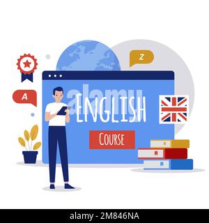 Entwurf eines Online-Sprachkurses zur Illustration. Abbildung für Websites, Landing-Pages, mobile Anwendungen, Poster und Banner Stock Vektor