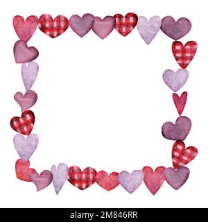 Aquarell handgezeichnete quadratische Rahmen aus karierten roten und violetten Herzen zum Valentinstag. Isoliert auf weißem Hintergrund. Design für Papier, Liebe, Begrüßung Stockfoto