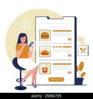 Frau, die Essen online über Apps bestellt. Abbildung für Websites, Landing-Pages, mobile Anwendungen, Poster und Banner. Trendige Flachvektorillustrierung Stock Vektor