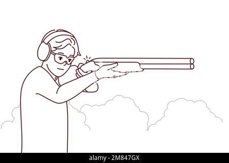 Mann in Kopfhörer und Brille schießen mit Gewehr in Schießstand. Kerl mit Waffe in den Händen Jagd im Park. Vektorgrafik. Stock Vektor