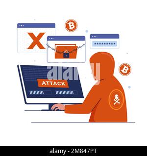 Illustrationskonzept für Ransomware mit Hackerangriffen. Abbildung für Websites, Landing-Pages, mobile Anwendungen, Poster und Banner. Trendy flach ve Stock Vektor