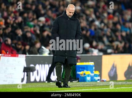 Dateifoto vom 11.-01-2023 von Manager Pep Guardiola, der zugibt, dass Manchester City „keine Chance“ auf Derby-Ruhm gegen Manchester United hat, wenn sie die trostlose Ausstellung wiederholen, die zur Eliminierung des Carabao Cup durch die Hände des kämpfenden Southampton führte. Ausgabedatum: Donnerstag, 12. Januar 2023. Stockfoto